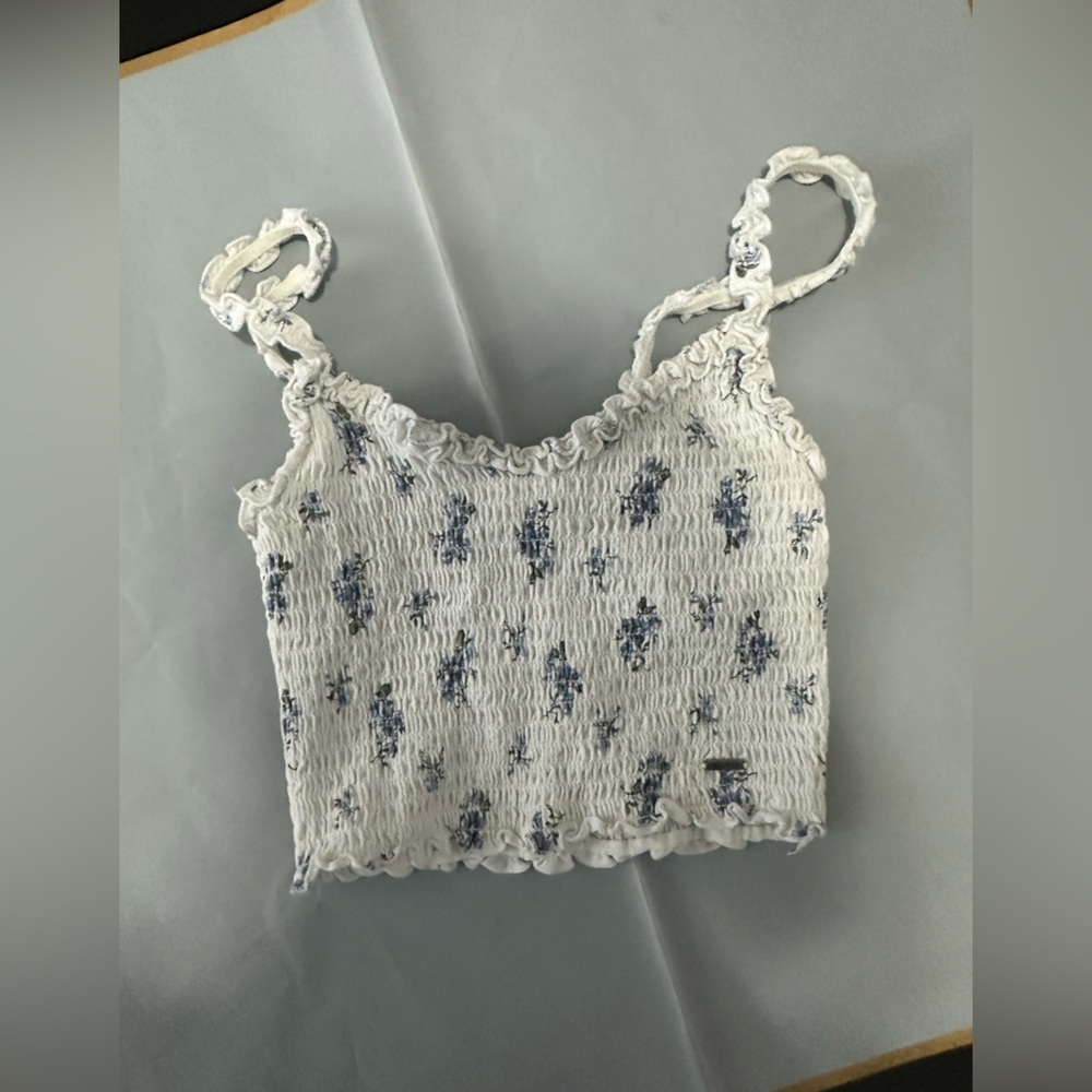 Hollister White and Blue Smocked Crop Top